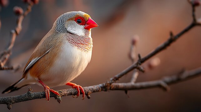 Beautiful zebra finch perched on a delicate branch surrounded by soft natural background colors
