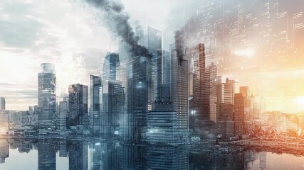 Urban skyline with futuristic digital data overlay - Powered by Adobe