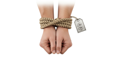 Isolated hands bound with rope and a price tag, symbolizing financial restrictions