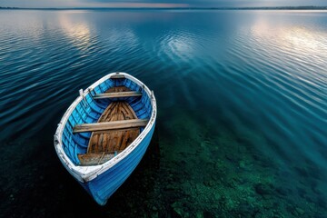 Obraz premium Blue and White Wooden Boat on Calm Lake at Sunset