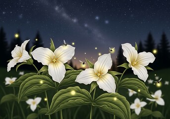Trillium Flowers at Night with Fireflies and Stars.