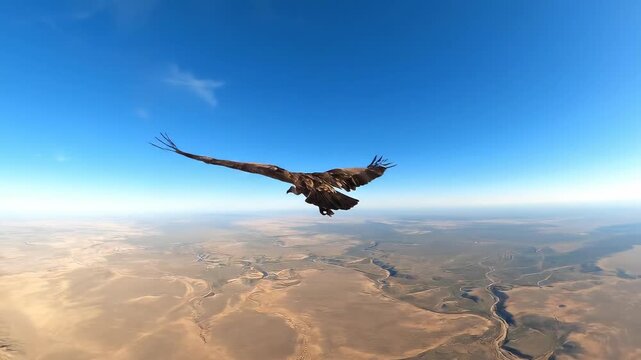 An eagle flying high above a desert landscape