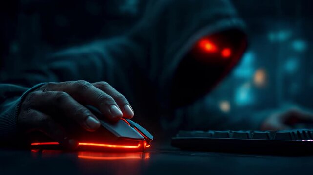 Mysterious figure in a dark hoodie using a glowing gaming mouse and keyboard in a dimly lit room