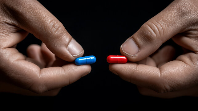 Two hands hold a red pill and a blue pill facing each other against a dark background. The image symbolizes a critical choice between opposing realities or paths