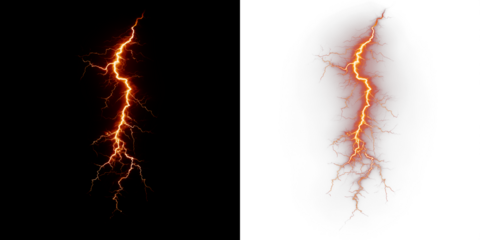 Lightning bolt PNG overlay with vibrant orange hues on contrasting black and white backgrounds, ideal for creative design projects and visual storytelling elements