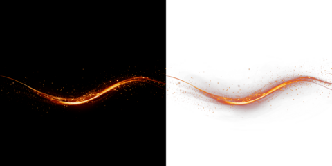 Abstract orange spark wave overlay on contrasting black and white backgrounds, showcasing dynamic movement and vibrant energy for creative design applications with copy space