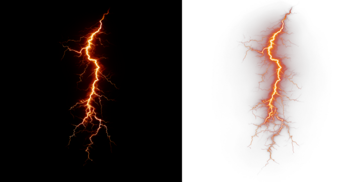 Lightning bolt PNG overlay with vibrant orange hues on contrasting black and white backgrounds, ideal for creative design projects and visual storytelling elements