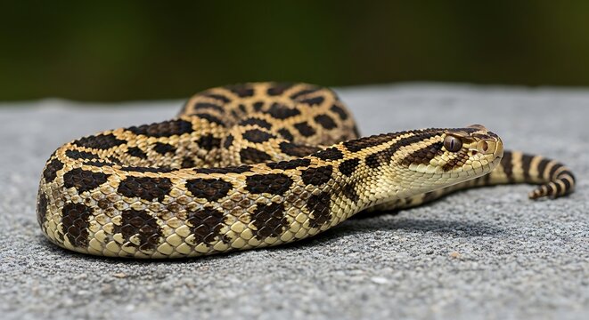 Eastern Hognose Snake Coiled on Gray Surface.