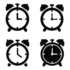 Four retro alarm clock icons displaying different times timeless vintage timekeeping symbols for design projects silhouette
