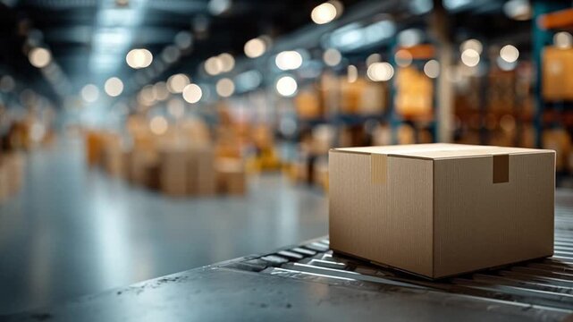 A cardboard box is positioned on a conveyor belt ready for dispatch, surrounded by shelves filled with packages in a bustling logistics warehouse.