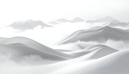 Softly Sculpted Dunes Emerge from a Blanket of Mist, Presenting a Minimalist and Abstract Natural Scene Where Light and Shadow Play Across an Expansive, Serene Desert Vista