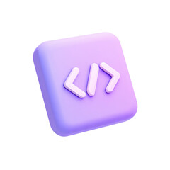 Tilted 3D code icon with purple gradient and white angle brackets, PNG cutout on transparent background. Great for feature tiles, dashboards, slides, banners, tutorials, and developer community posts.