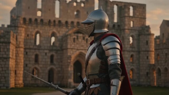A knight in shining armor stands stoically in front of an ancient stone castle during sunset, casting a long shadow