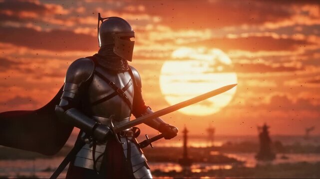 A knight in shining armor holding a sword against a dramatic sunset, embodying strength and determination