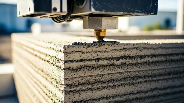 Close up of a 3d printer nozzle extruding concrete for construction. Future of building and modern architecture innovationfootage.