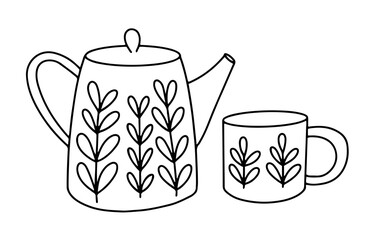 Teapot and cup with leaf ornament vector sketch