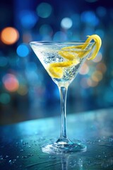 Classic Martini Lemon Twist on a White Background with Blurred Bar Setting