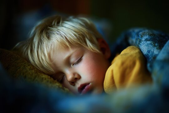 Kid Snoring. Little Blond Boy in Restless Sleep with Mouth Open by Window Light
