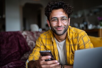 Smiling young man using smartphone and laptop while sitting at home. Concept of remote work, digital lifestyle, freelance, communication, and online connection in modern environment.