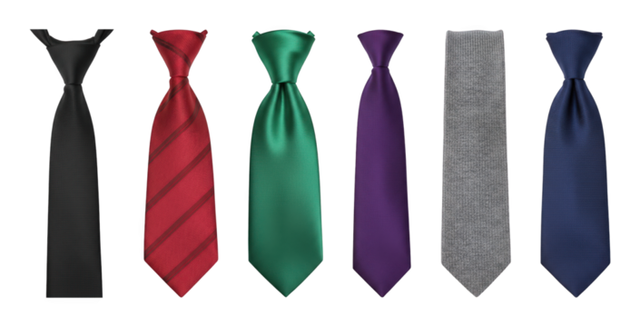 Neckties set including black, red, green, purple, grey, and navy colored ties isolated. Formal wear accessory collection for men's fashion.