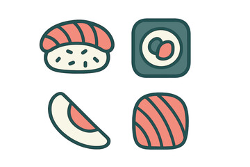 Set of four colorful stylized sushi icons including nigiri, maki roll, and sashimi pieces
