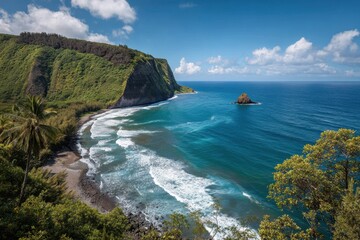 Naklejka premium Kohala, Big Island Hawaii. Color Image of Pololu Lookout Coastline on a Day, Nature Landscape with Pacific Ocean