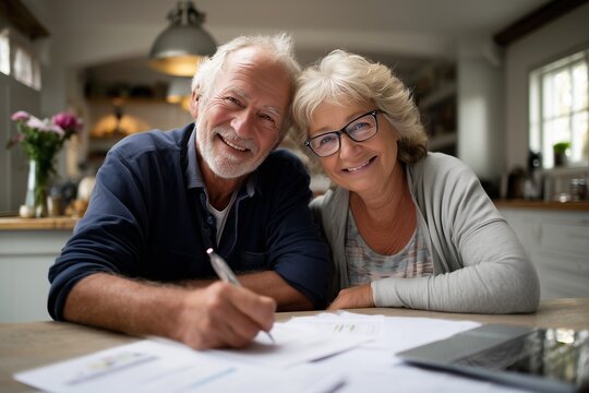 Happy senior couple signing financial documents at home, smiling and planning retirement budget. Pension, insurance, banking, taxes, investment, financial planning and legal agreement concept.