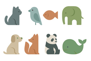 Fototapeta premium Cute stylized animal icons collection featuring cat dog elephant panda and whale