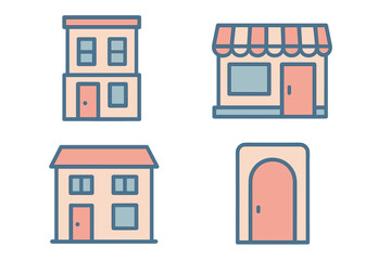 Minimalist building and entrance symbols featuring residential homes and a commercial shop front