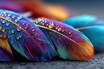 Vibrant Feathers with Sparkling Water Droplets