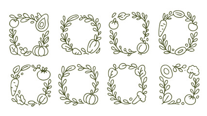 Circular vegetable wreath frames in minimal line art