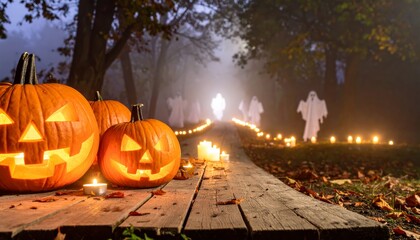 Magical Halloween Festival with Glowing Pumpkins and Lights at Night background mockup