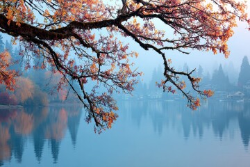 Lake Oswego Oregon. Morning Fog over Willamette River with Autumn Colors