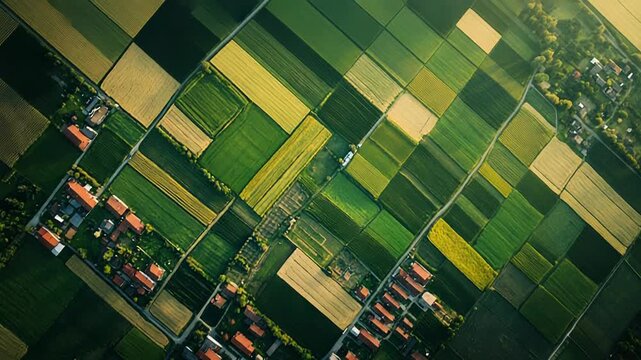 Aerial view showing patchwork of green agricultural fields and rural village