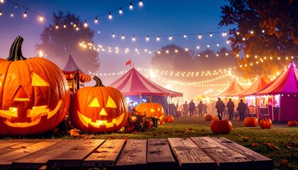 Magical Halloween Festival with Glowing Pumpkins and Lights at Night background mockup