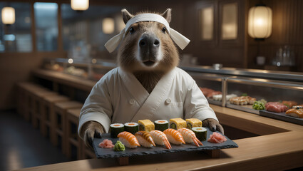 Capybara sushi chef presenting assorted nigiri and rolls in Japanese restaurant