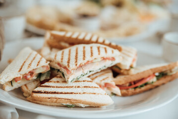Close-up of hot toasted sandwiches with buffet filling