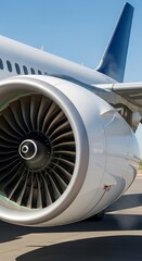 Close-up of a modern airplane engine under a clear blue sky.