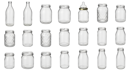 Isolated group of glass containers, jars, and bottles for food storage or packaging use