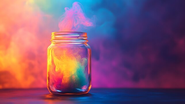Colorful smoke trapped in a glass jar