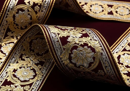 Intricate golden and silver floral pattern ribbon on a rich burgundy background showcases luxurious detail and vintage
