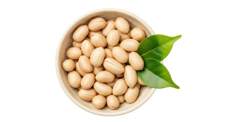 Isolated peanuts in small beige bowl featuring two green leaves, fresh, natural treat snack
