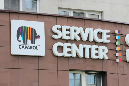   Modern facade of the Caparol paint service center and shop in Minsk, Belarus. June 28, 2025.