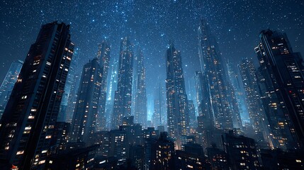 Dazzling nighttime skyline of cyberpunk city with glowing skyscrapers and futuristic architecture