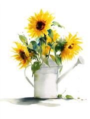 Fototapeta premium Watercolor sunflowers in a white watering can, with neutral colors on a clean, solid white background.-