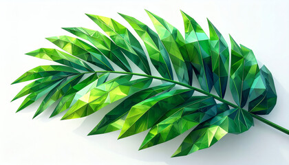 Low-poly tropical palm leaf with angular green polygons isolated on white background for modern 3D botanical design, geometric foliage art, and digital nature visualization