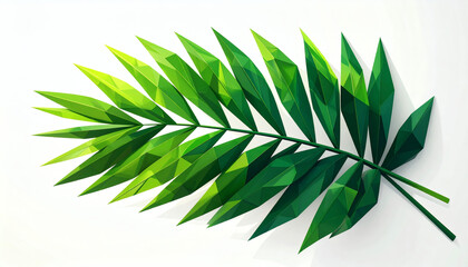 Low-poly tropical palm leaf with angular green polygons isolated on white background for modern 3D botanical design, geometric foliage art, and digital nature visualization
