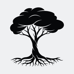 Silhouette deciduous tree with roots and branches vector illustration