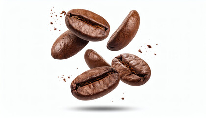 Roasted coffee beans levitating and flying on white background with clipping for modern 3D beverage design, dynamic coffee art, and digital food visualization