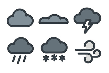Obraz premium Simple collection of weather forecast icons featuring rain, snow, wind, and thunderstorm symbols